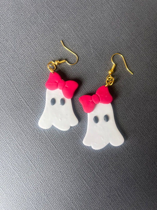 👻🎀 Ghost Earrings with Red Hair Bows