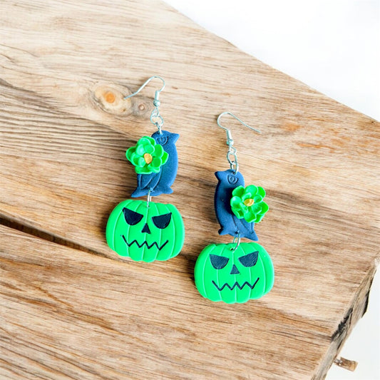 🎃🖤 Green Pumpkin & Raven Polymer Clay Earrings